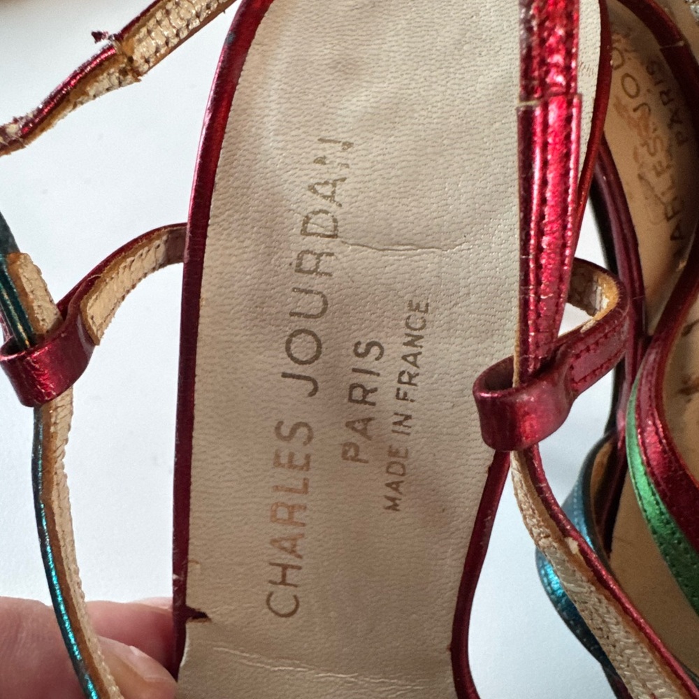Charles Jourdan Red and Multicolor Strappy Heels - Picture 2 of 4